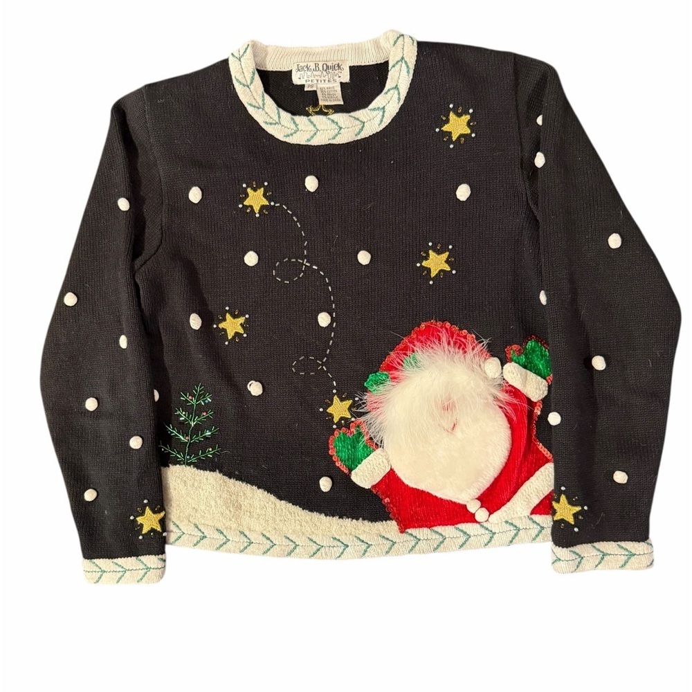 80’s Jack B. Quick Christmas Holiday Appliqué Santa Ugly Sweater Pom Poms Stars